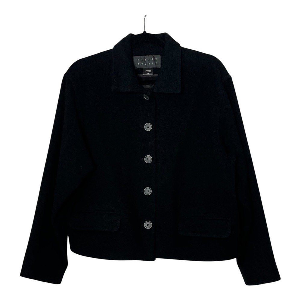 Finity Studio Black Wool Cashmere Button Front Jacket Petite 14P Made in USA